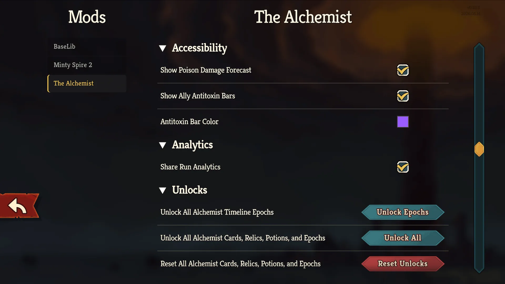 The Alchemist's mod settings: accessibility, analytics and unlocks.